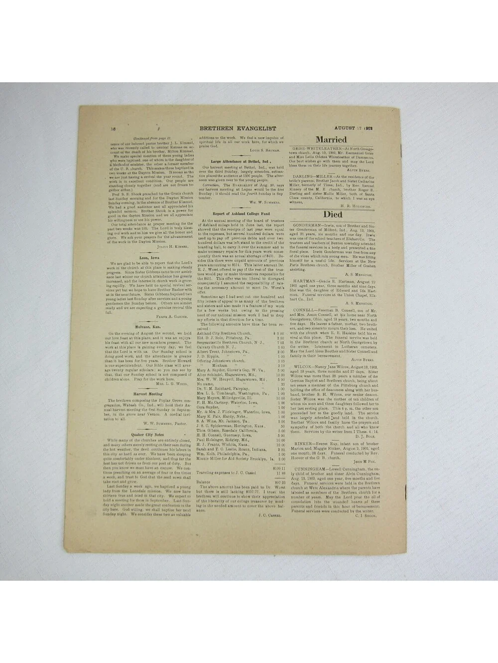 Brethren Evangelist Christian Newspaper Ashland Ohio Antique August 27th 1902